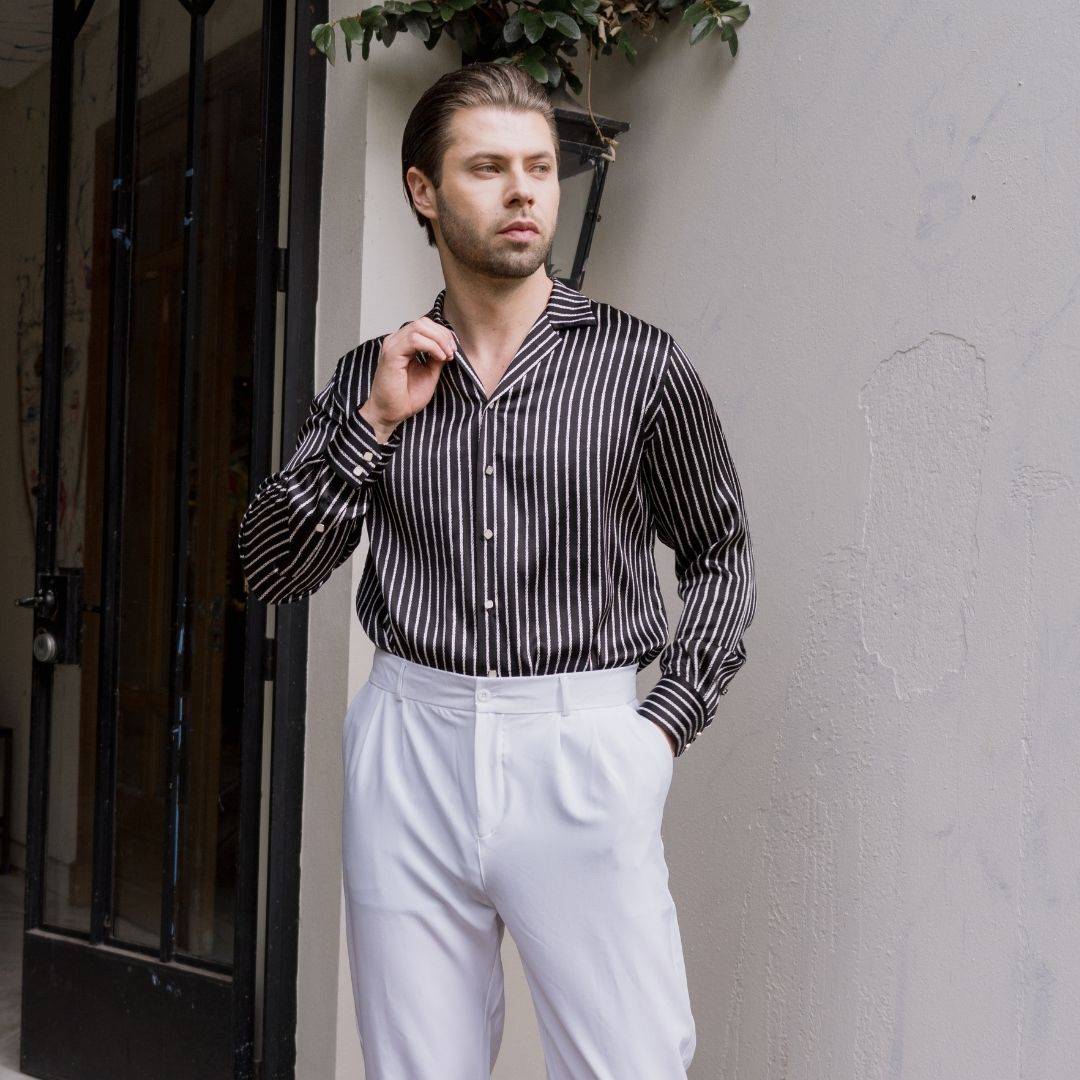 Men's Black Stripe Silk Shirt | 1000 Kingdoms Men's Black Stripe Silk Shirt | 1000 Kingdoms